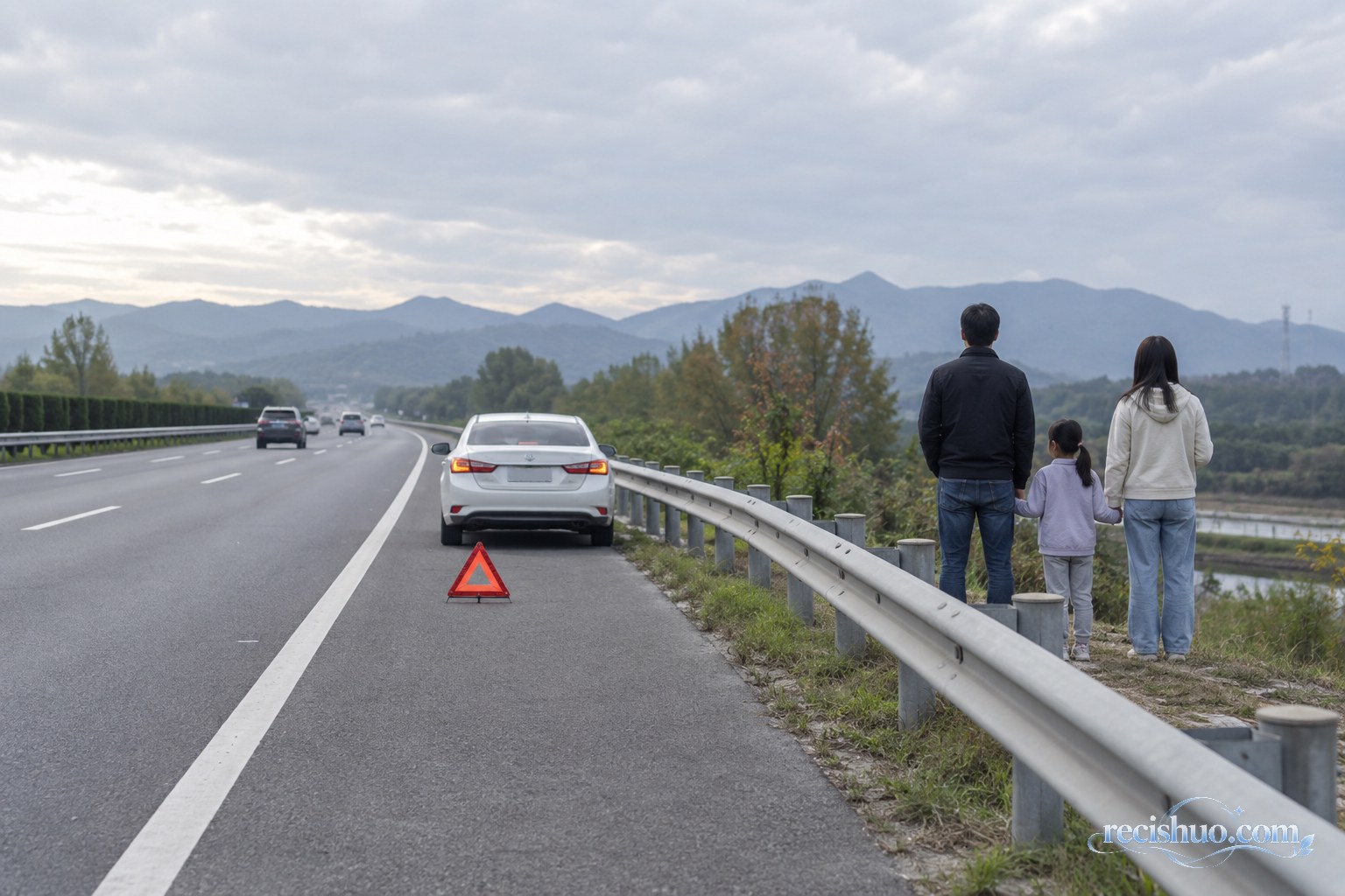 高速公路应急车道内停着故障车,一家三口已转移至护栏外的安全区域