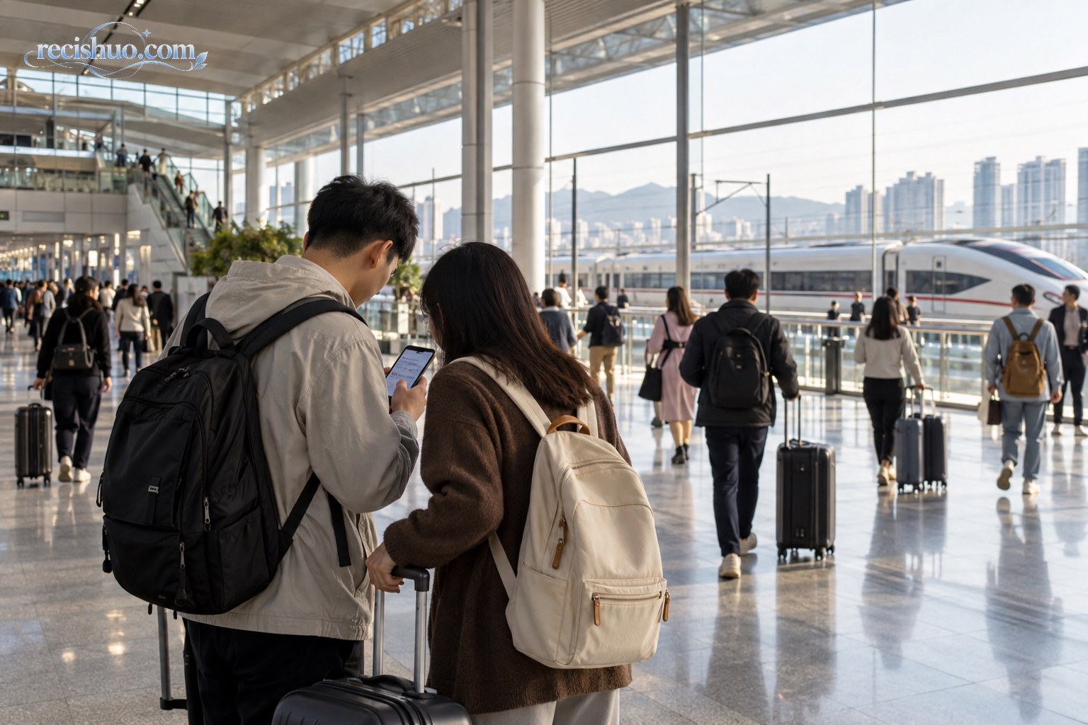 旅客在现代高铁站内使用手机查看行程路线