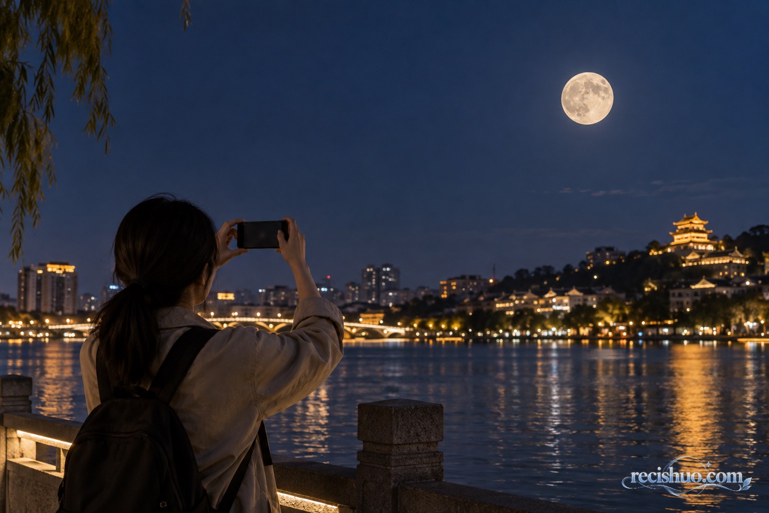 中秋夜晚摄影爱好者在城市河岸用手机拍摄满月