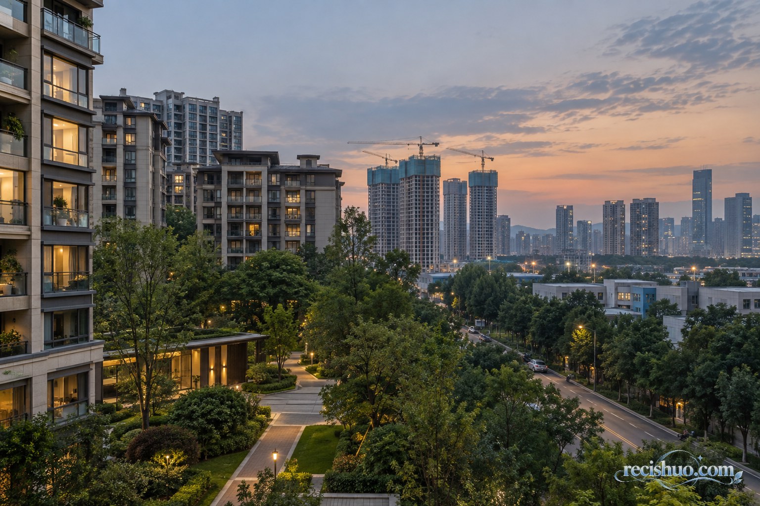 傍晚城市中成熟住宅社区、在建楼盘与远处住宅共同构成的市场分化景象