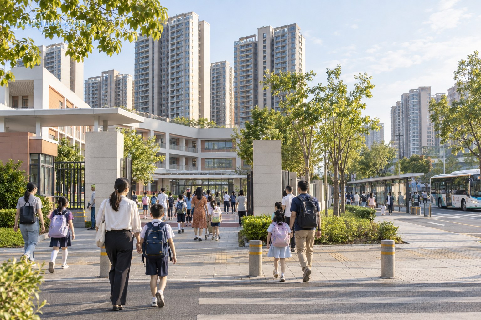 城市住宅社区与公办学校相邻,学生和家长沿街走向校园