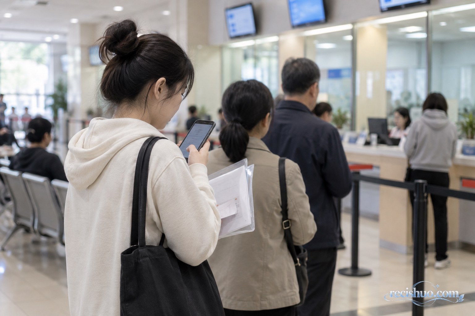 年轻服务人员携带文件袋在公共服务大厅排队并用手机汇报进度