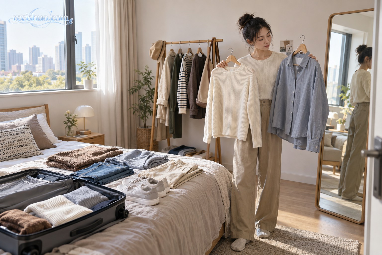 年轻女性在卧室整理旅行箱并比较两件适合初秋出游的上衣