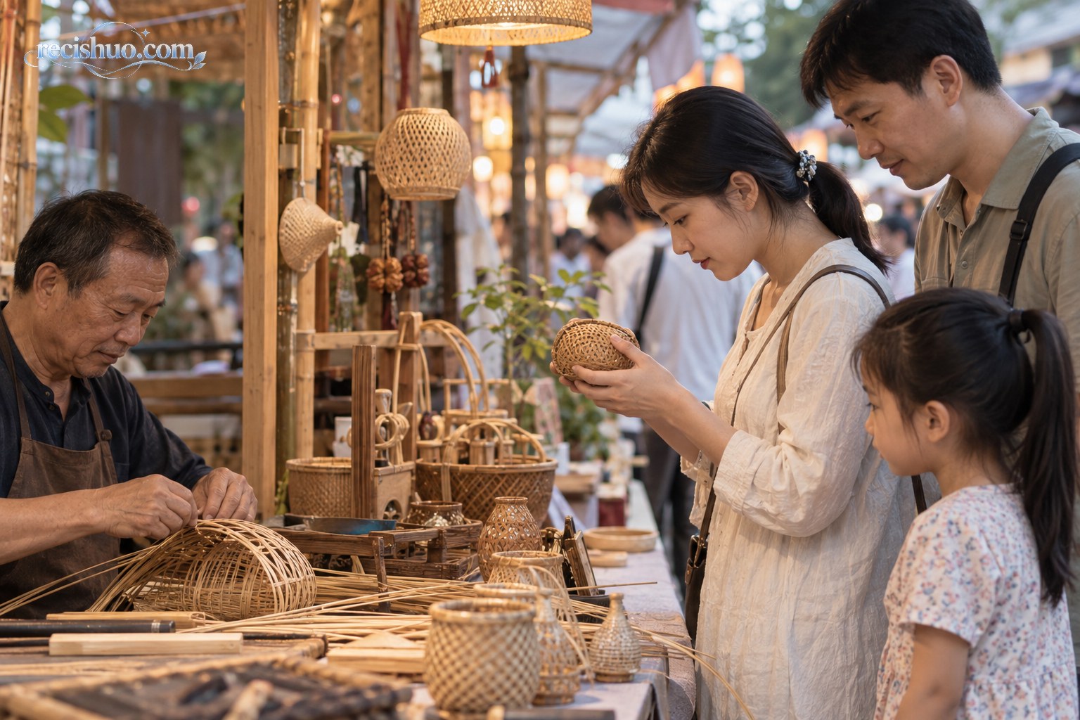 秋日傍晚游客漫步在融合传统建筑与现代文化场馆的城市文旅街区
