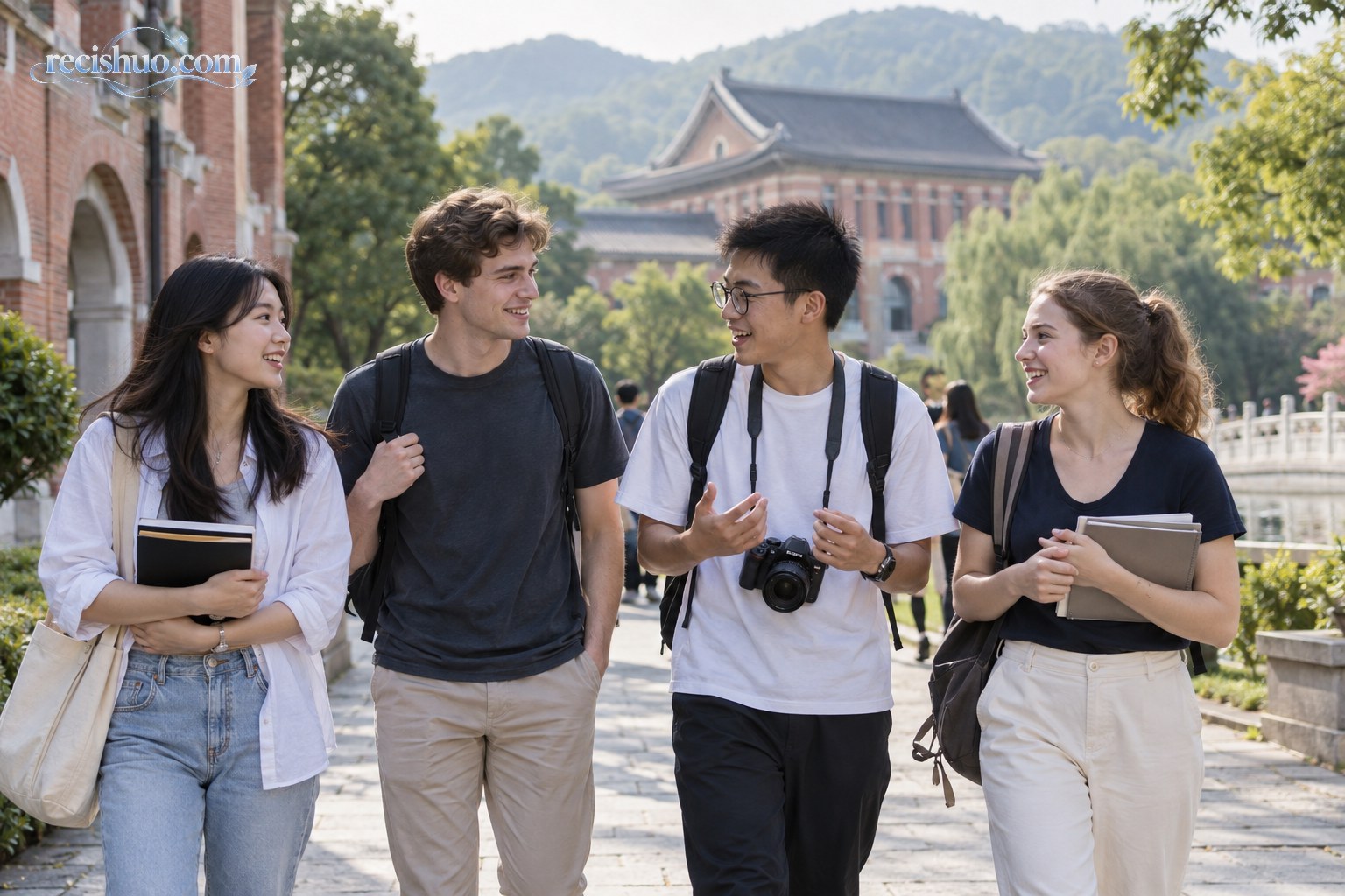 中美青年学生在中国校园并肩行走交流
