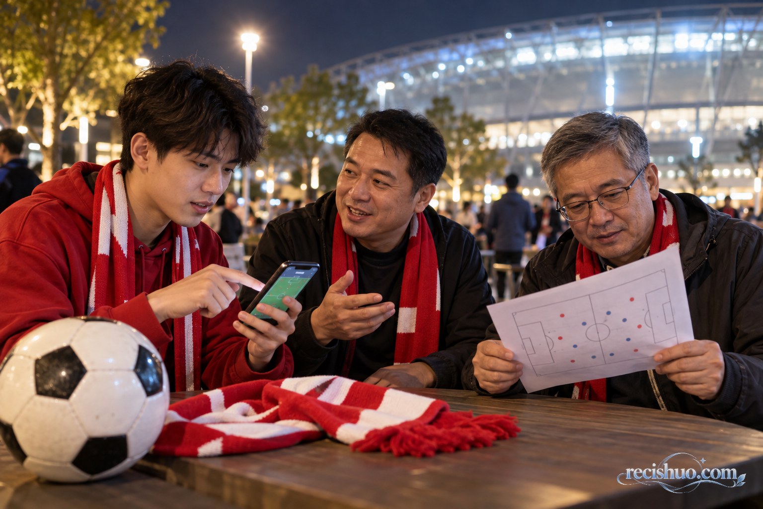 三名球迷在体育场外查看手机和战术图并交流赛况