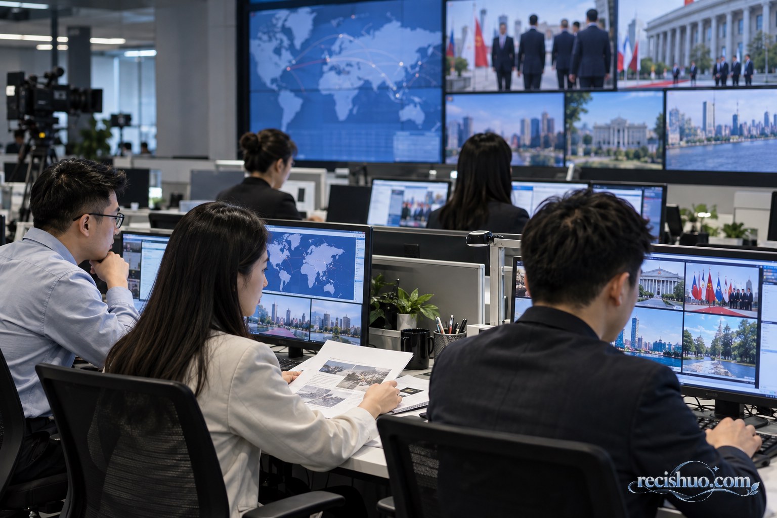 新闻编辑人员在多屏工作区核对国际访问相关画面与资料