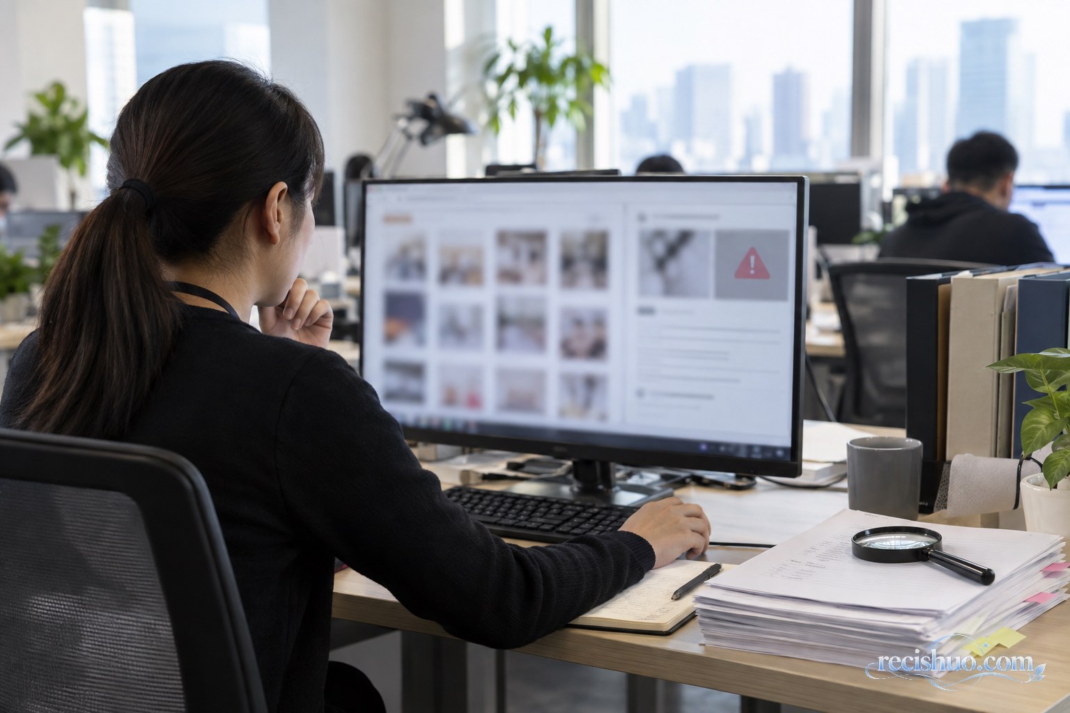 内容安全审核人员在办公室核查二手交易平台风险信息