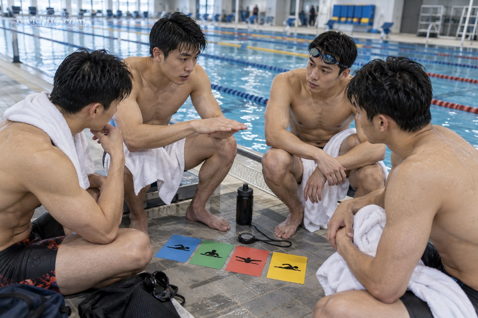 四名男子游泳运动员在训练后围坐池边复盘接力配合