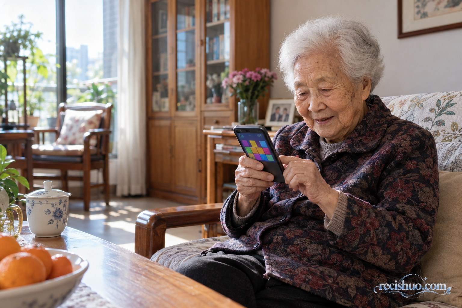 银发老人在温馨客厅里专注操作手机上的彩色方块益智游戏