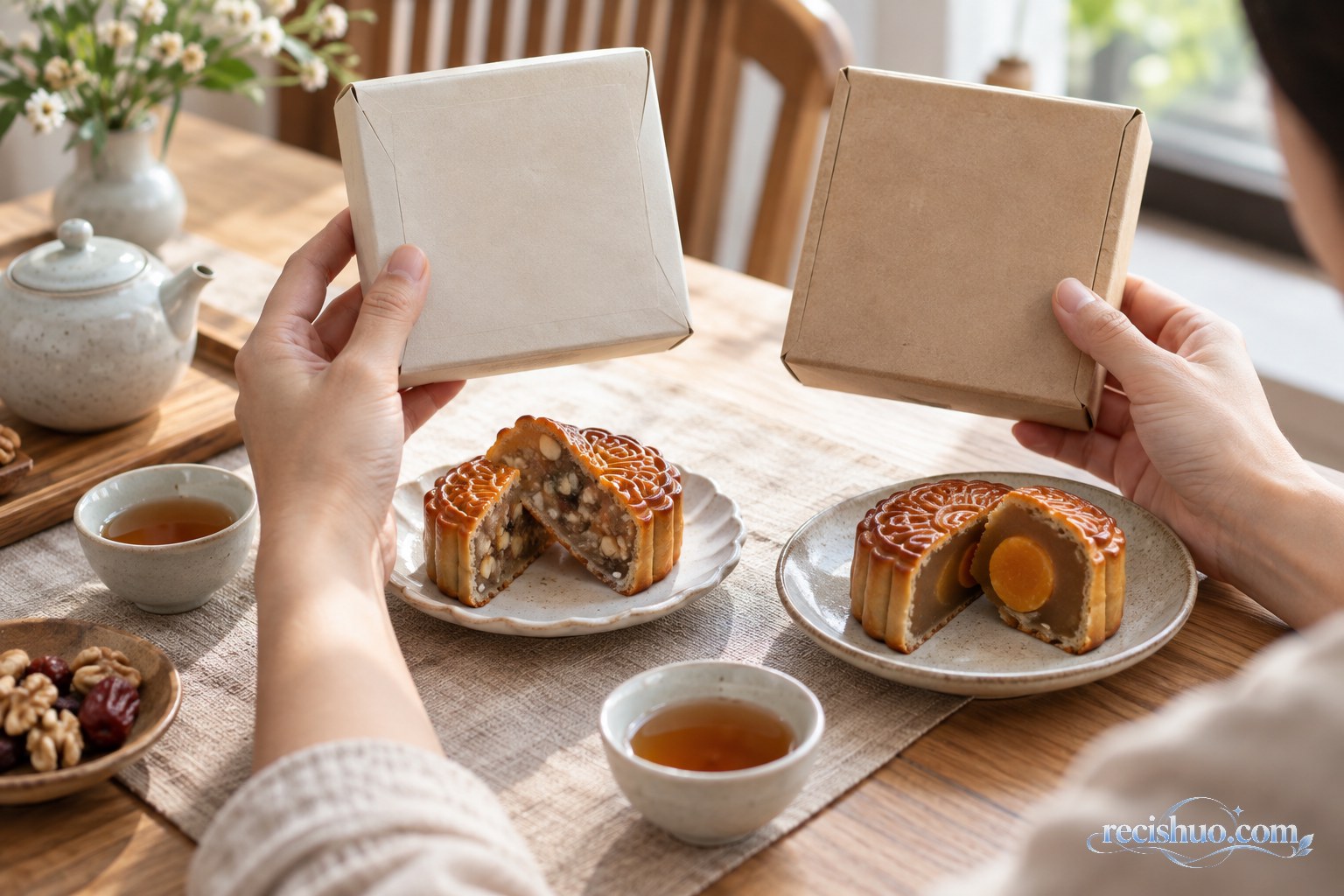 消费者在家庭餐桌上对比两款月饼的包装、馅料与份量