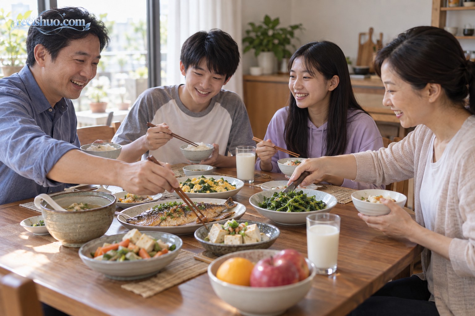 一家人围坐餐桌享用鱼、豆腐、蔬菜、水果和奶类组成的均衡餐食