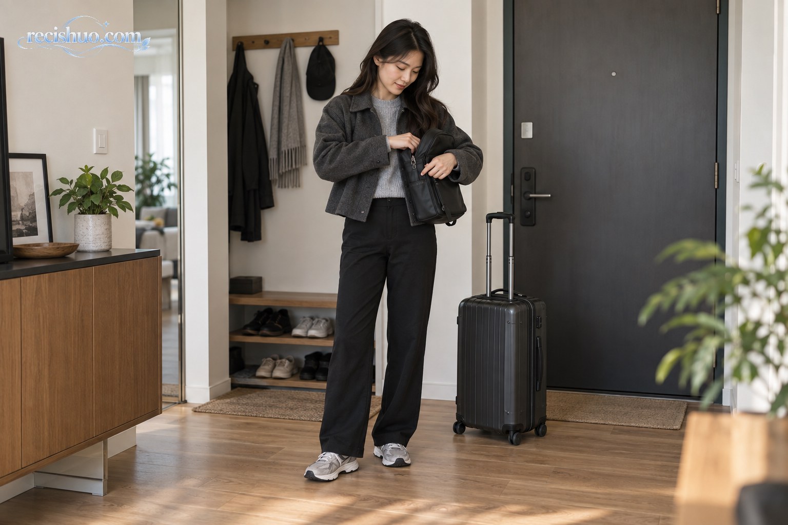 年轻女孩身穿黑灰色分层搭配,在居家玄关整理随身包和旅行箱准备出发
