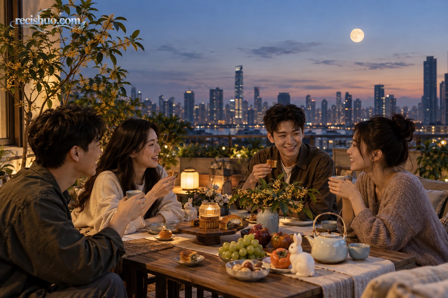 四位年轻人在城市露台分享月饼、茶与秋季水果,共度温暖的中秋夜晚