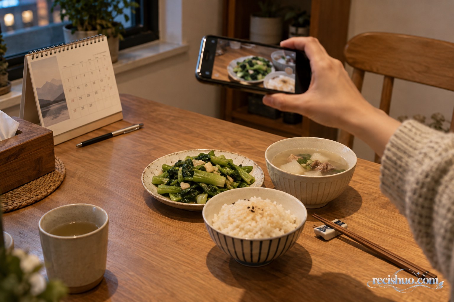 暖色餐灯下,一只手用手机拍摄米饭、蔬菜和汤组成的简单晚餐