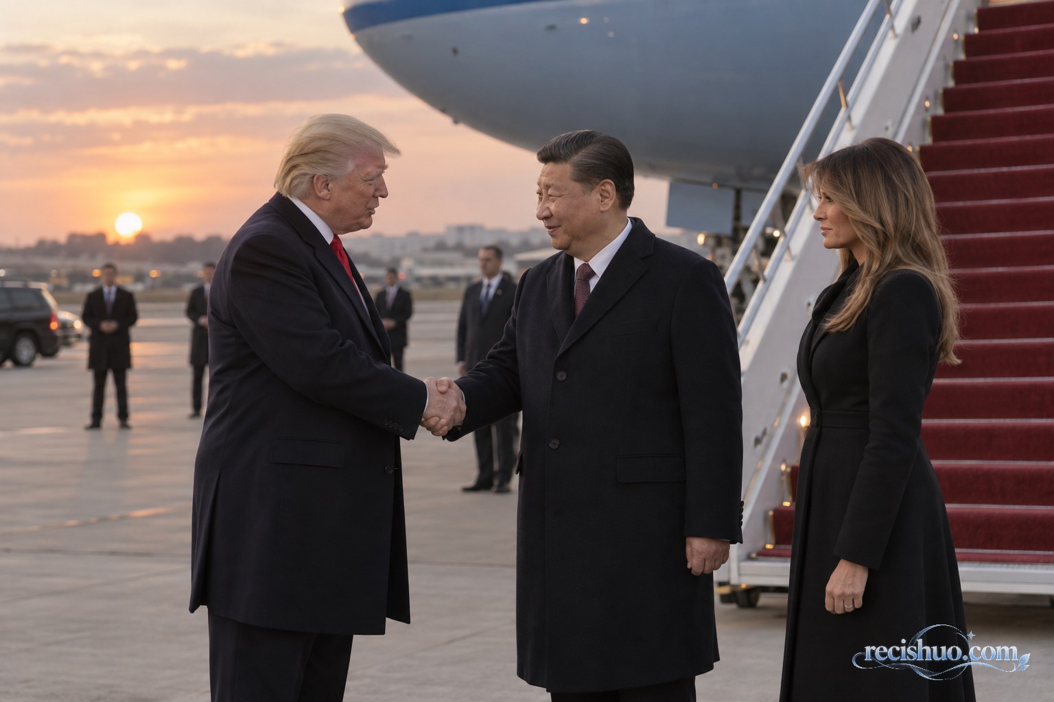 习近平抵达机场后与特朗普握手、特朗普夫人在旁迎接的新闻场景示意图