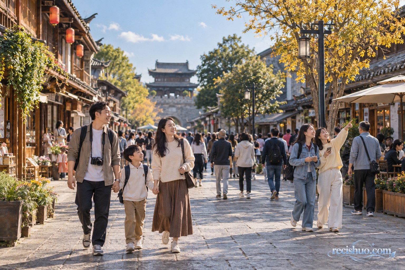 秋日古城街区内游客悠闲游览,传统建筑与休闲业态共同呈现文旅活力