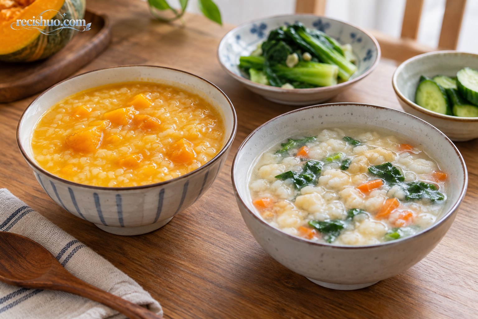 餐桌上并排摆放的浓稠南瓜粥和蔬菜疙瘩汤