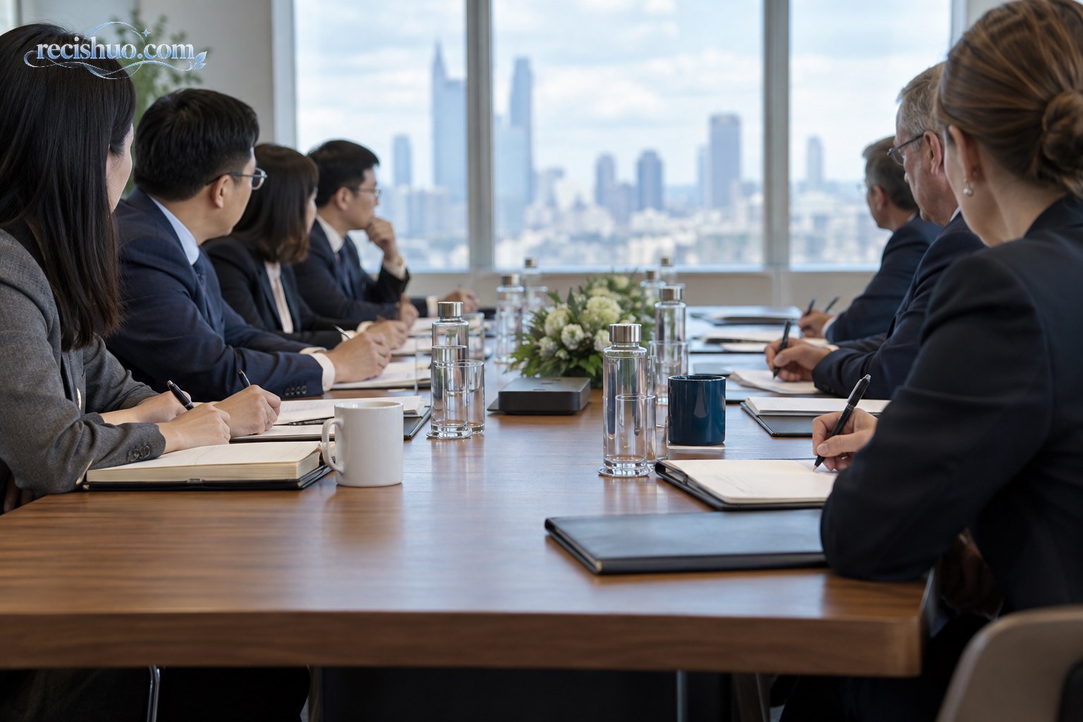 国际会议室内,两侧工作人员围桌倾听并记录讨论内容