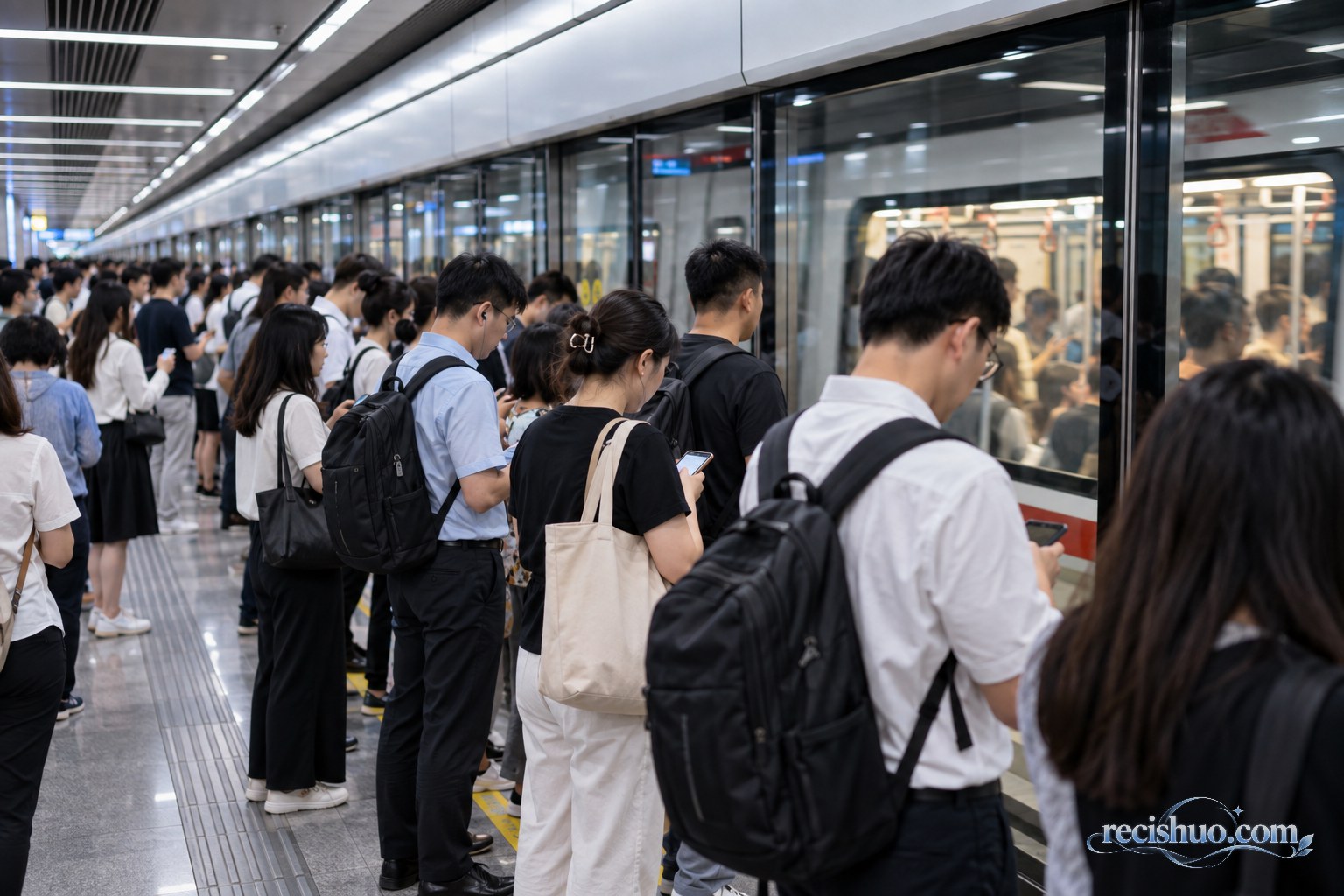 城市地铁晚高峰时段,乘客在站台安全门前有序候车