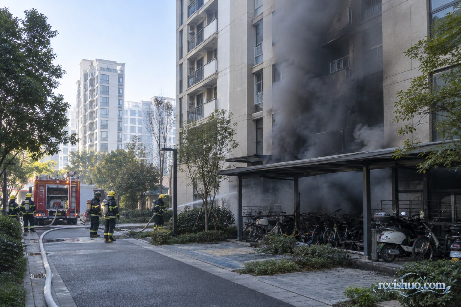 杭州住宅小区电动自行车停放区域冒出黑烟,消防人员在楼下处置