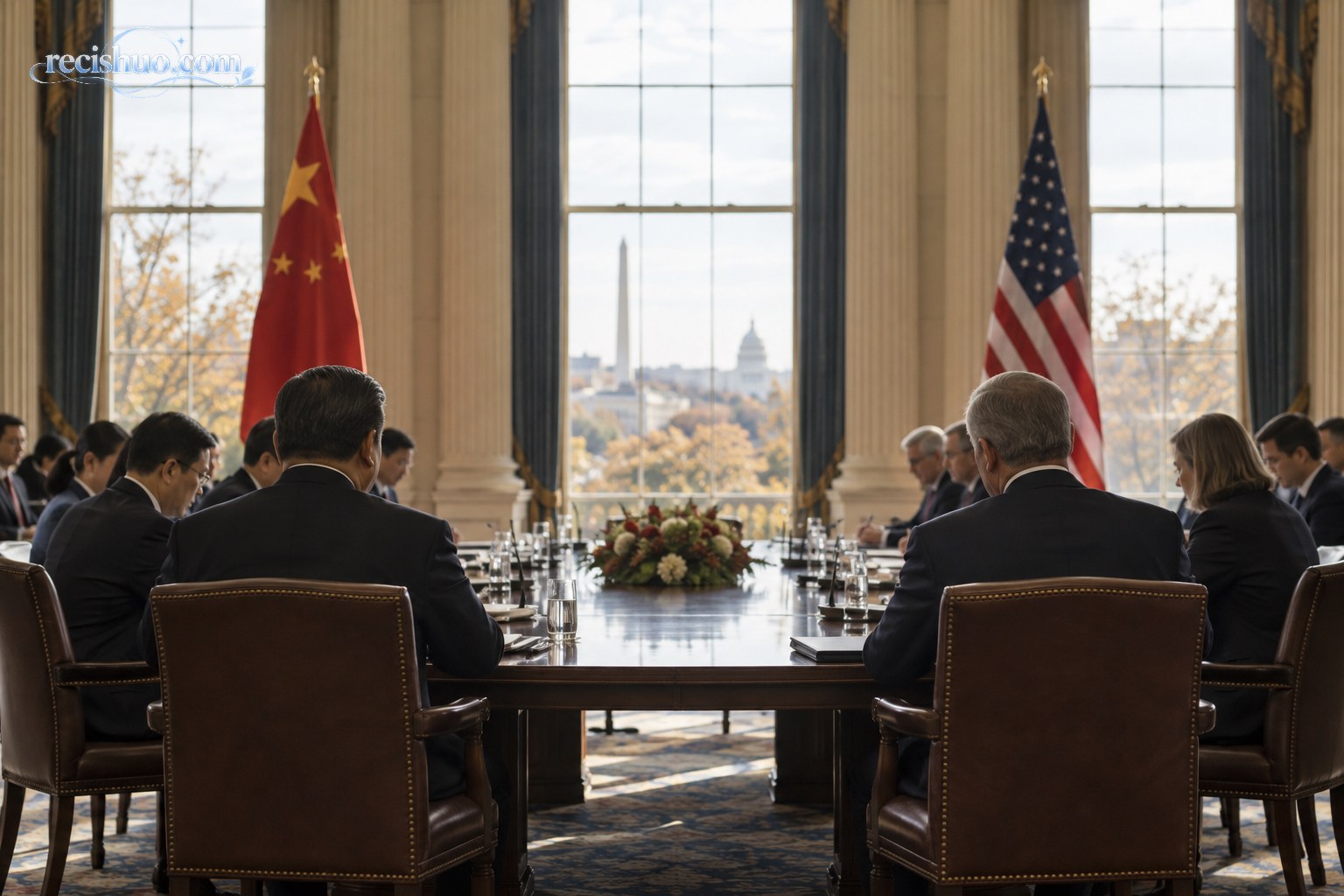 华盛顿正式会晤厅内中美双方代表相对而坐的新闻场景