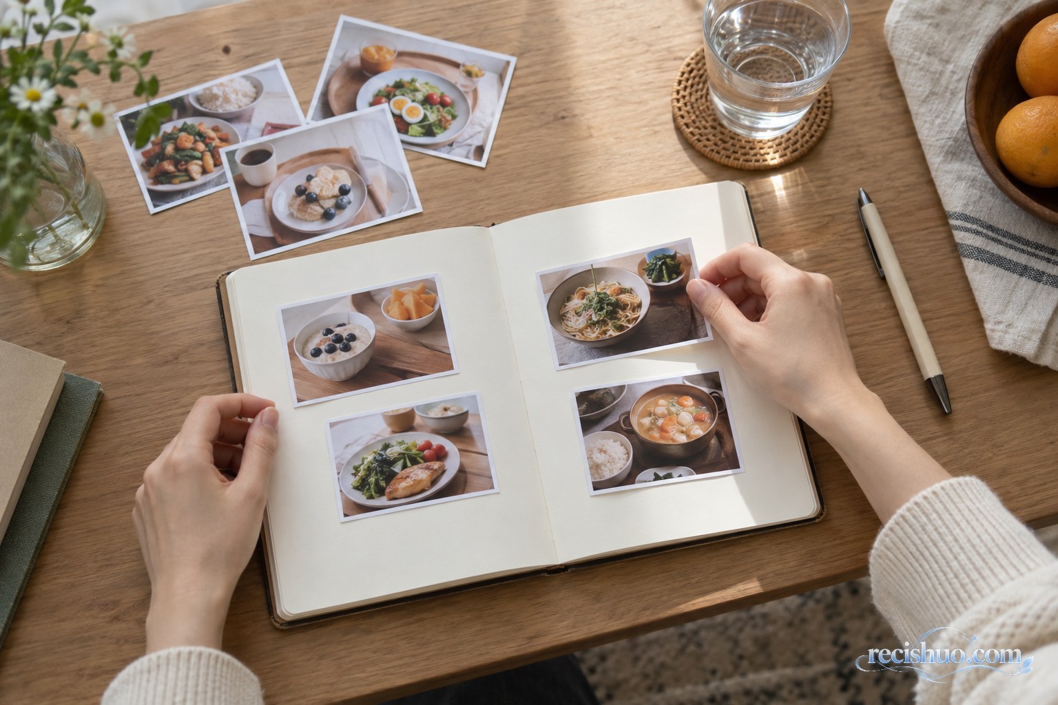 阳光照亮木质书桌,一双手正在把多张家常饭菜照片整理进空白手账