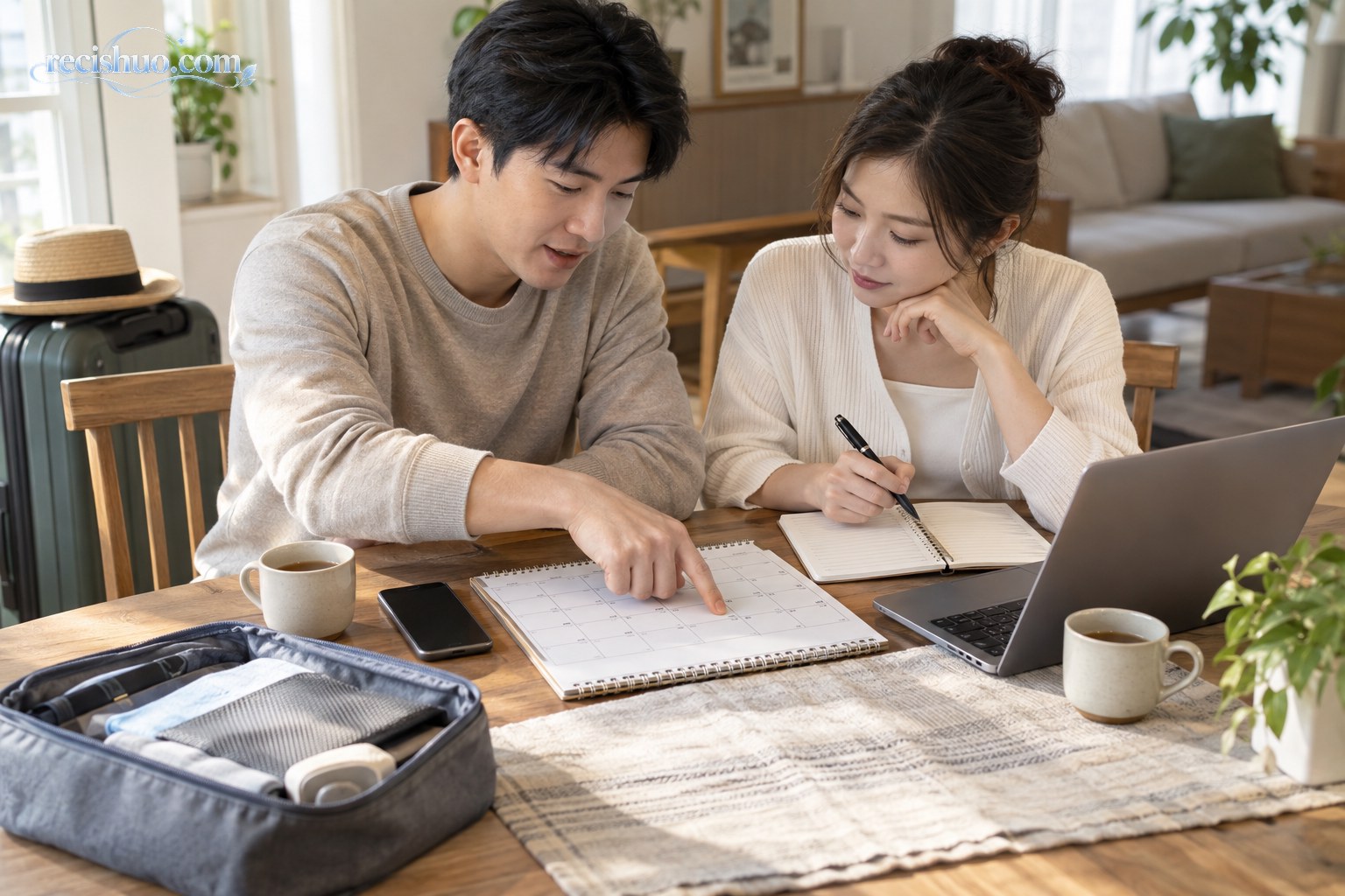 新婚夫妻在家中对照日历商量婚假与工作安排