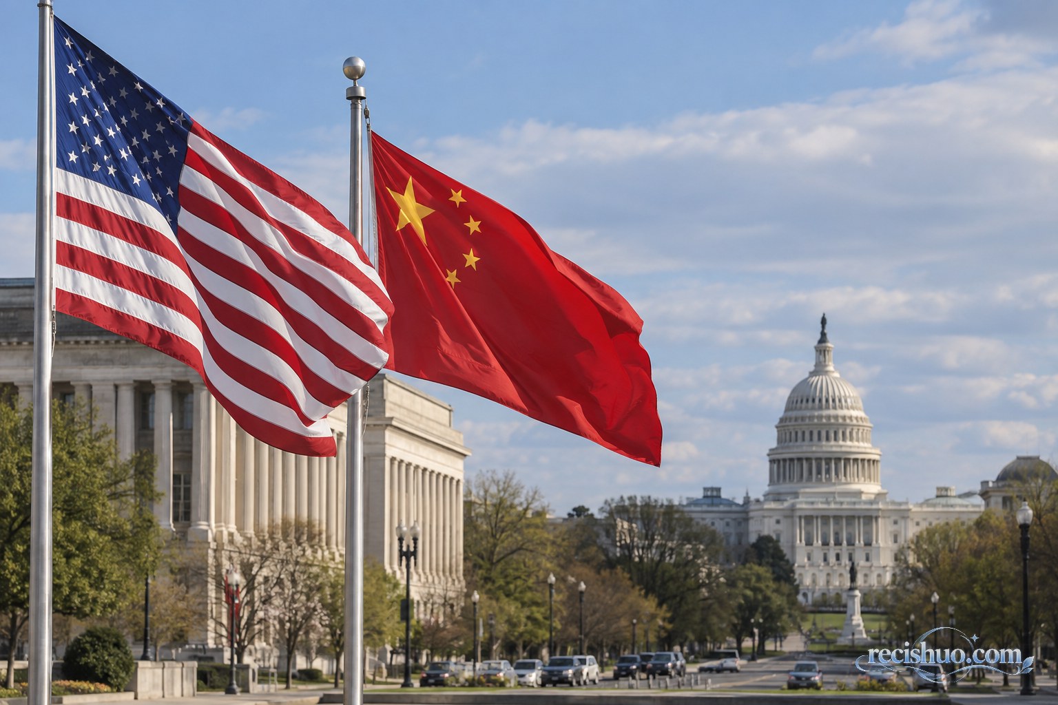 中美国旗在华盛顿公共建筑前随风展开