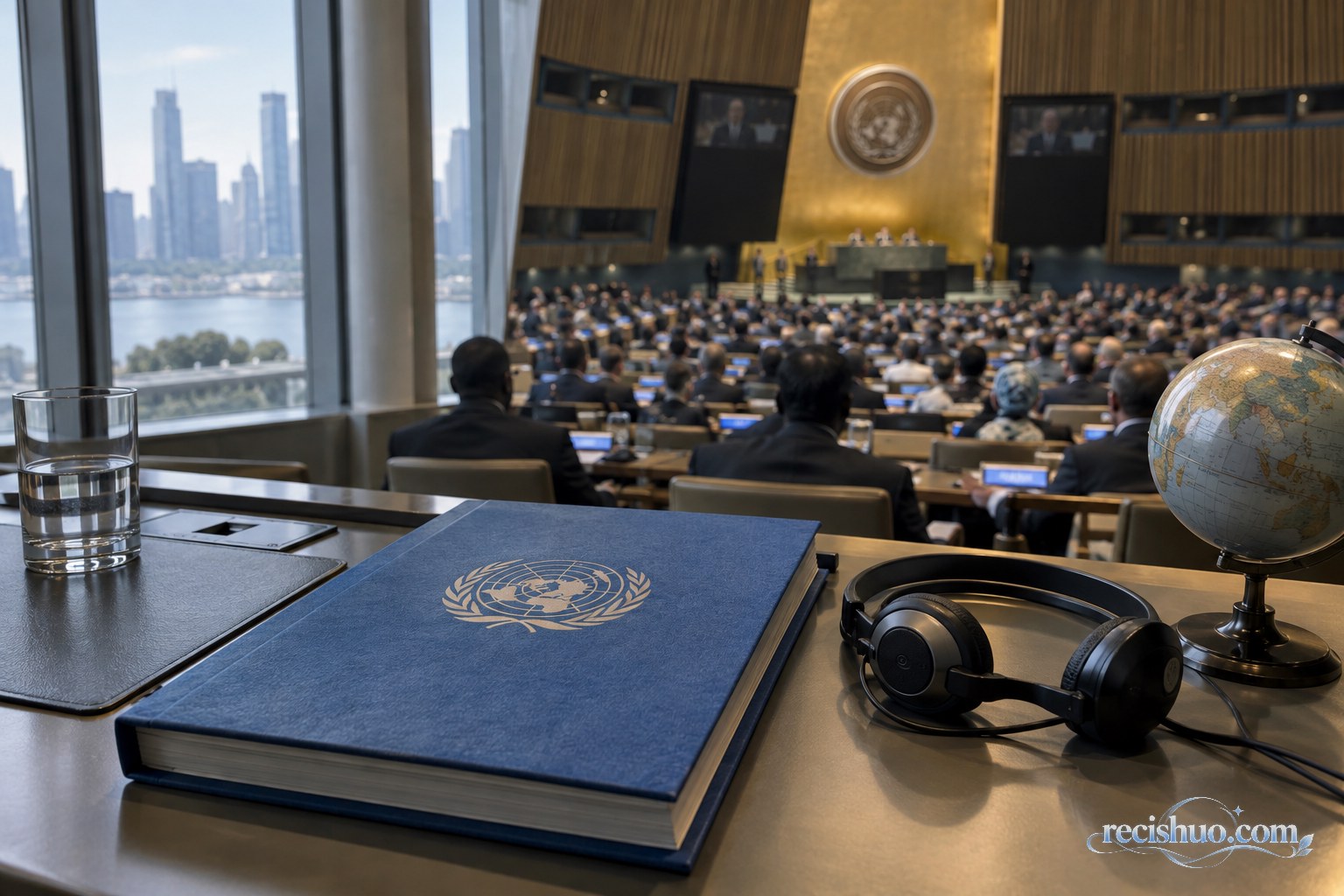 联合国大会会场内摆放着蓝色文件、同声传译耳机和地球仪