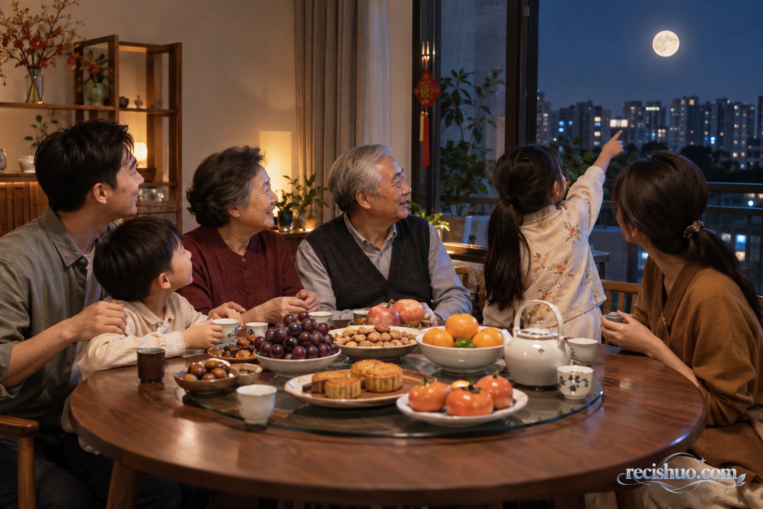 一家三代围坐餐桌品尝月饼并望向窗外明月