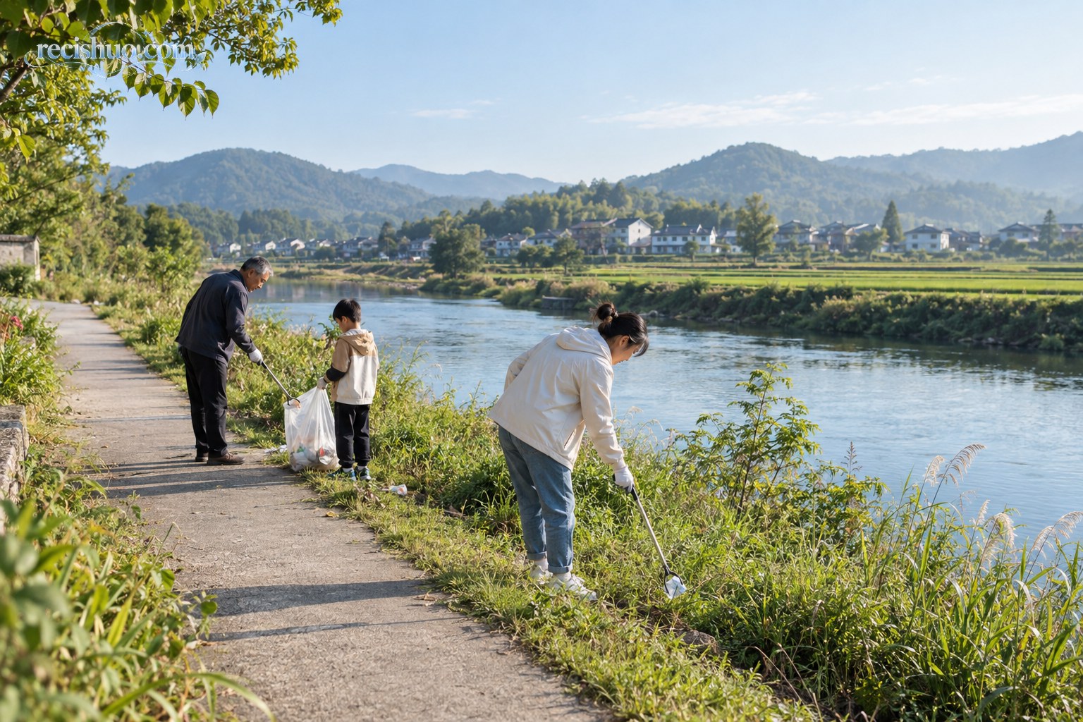 清晨河畔,几位居民沿乡村步道捡拾散落垃圾