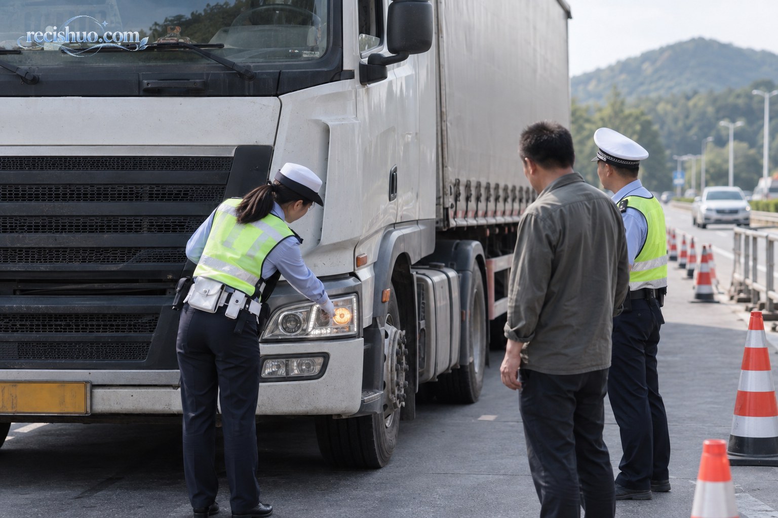 交通警察在道路检查点查验大型货车车灯等车辆状况