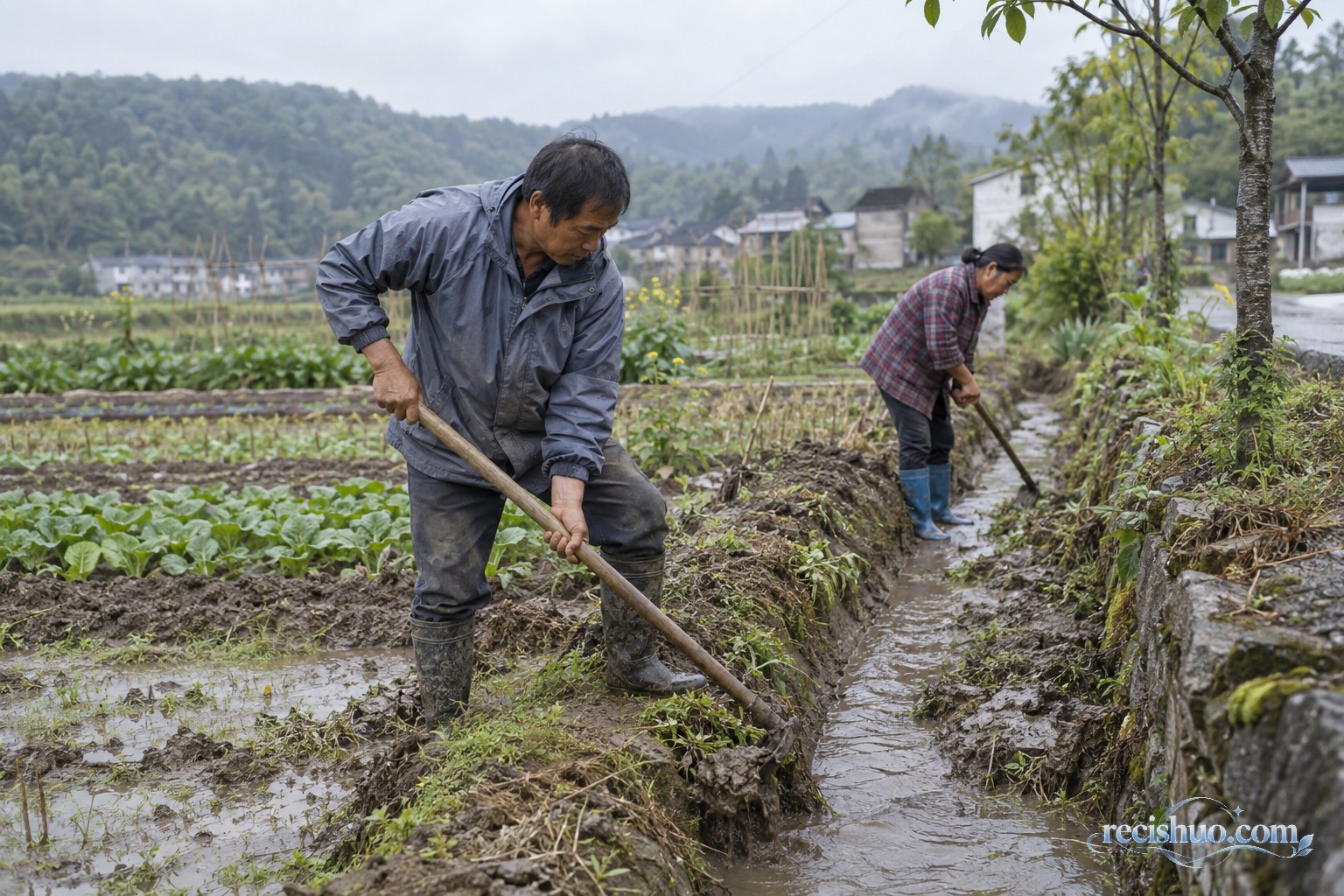 雨后村庄田边,两位居民共同清理灌溉水沟