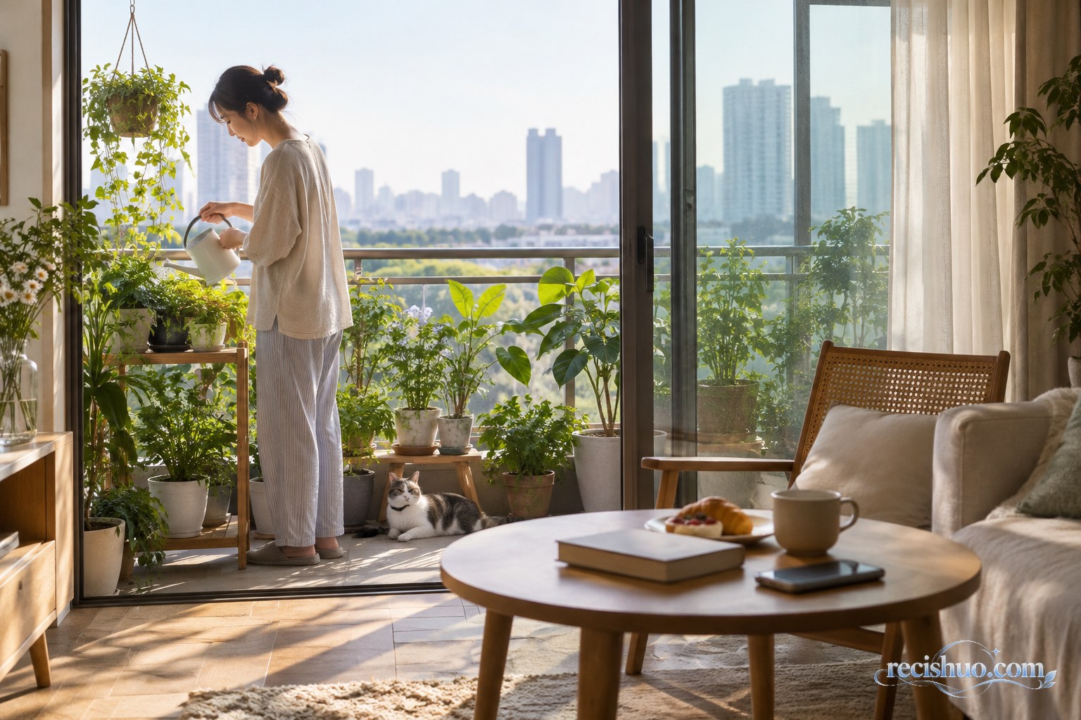 清晨阳台上,一名年轻人给绿植浇水并享受安静的居家时光