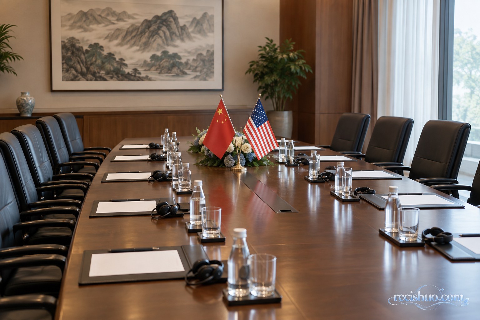 摆放中美两国桌旗、文件夹和翻译耳机的双边会谈室