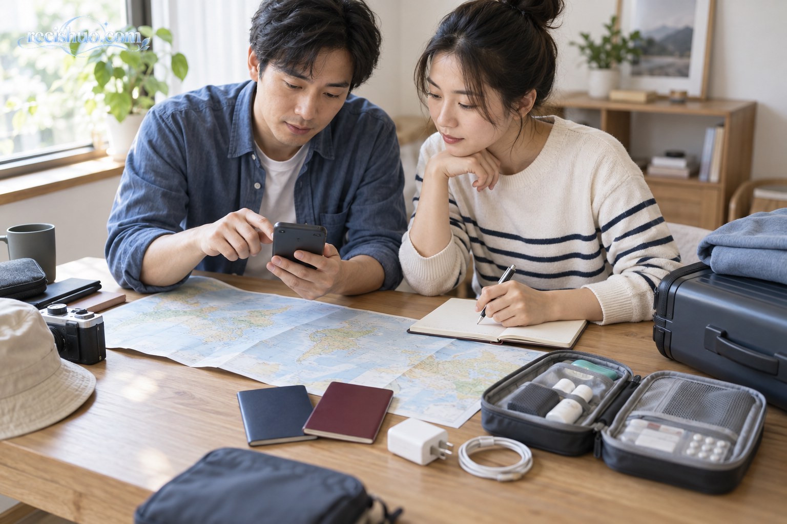 两名中国旅行者在家中核对地图和随身用品,认真准备国际旅行
