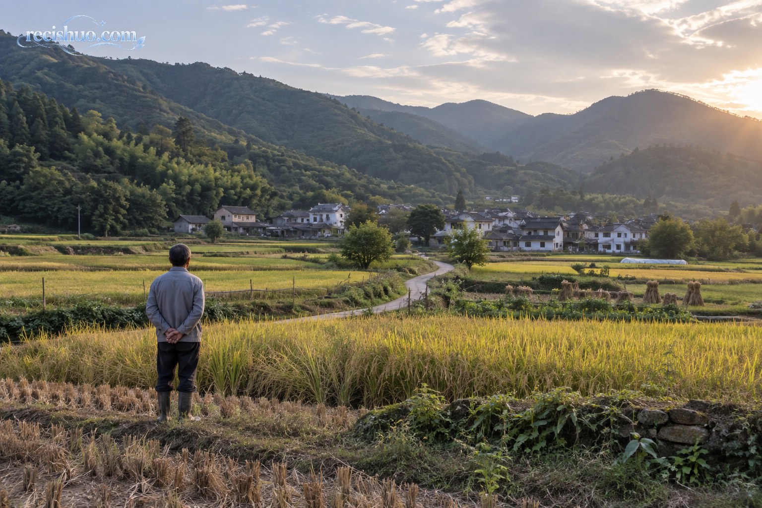 秋日田野与村庄前,一位村民静静眺望脚下的土地