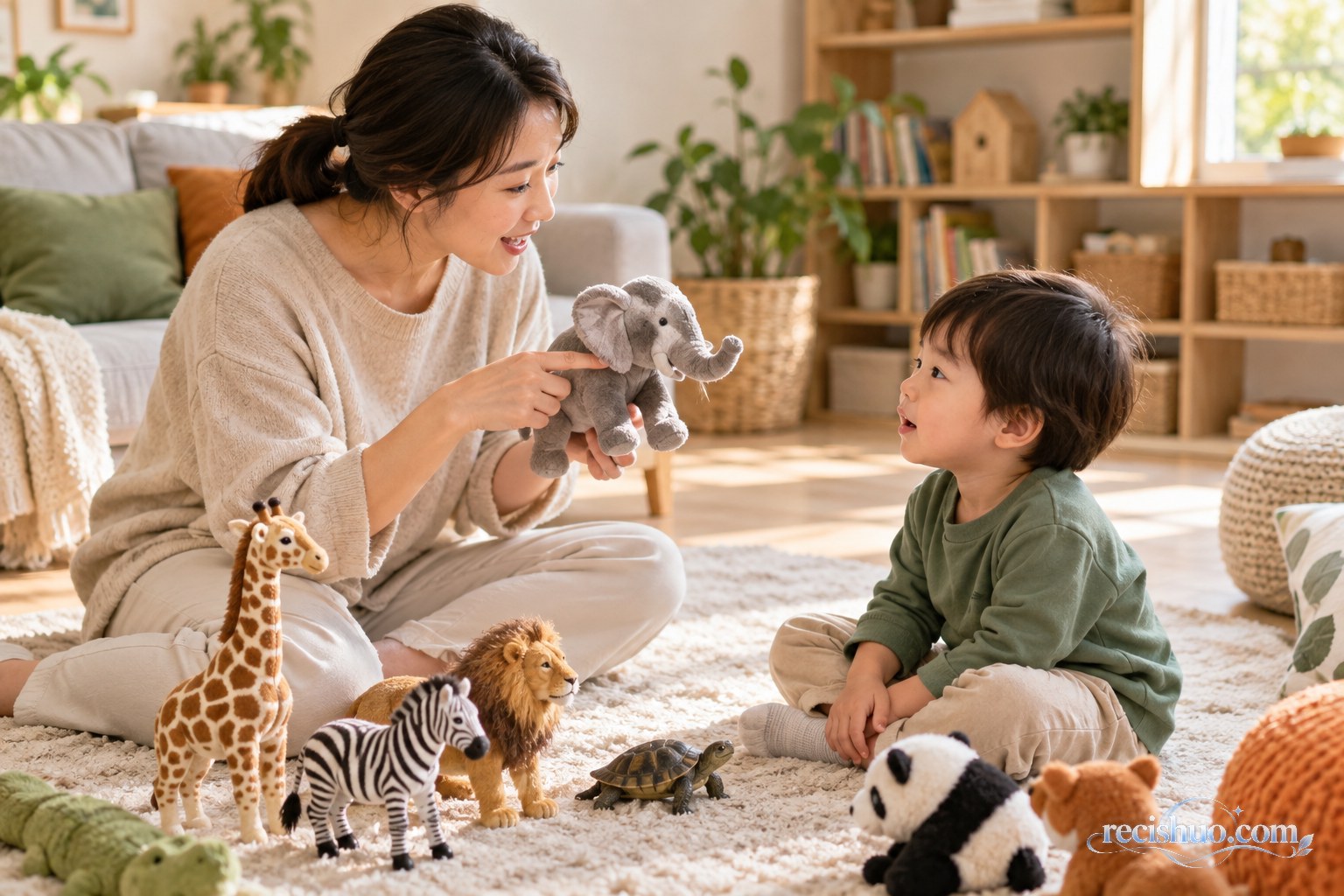 家长与幼儿借助动物玩偶开展轻松的语言互动游戏