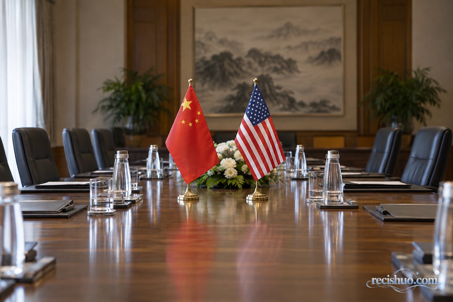 摆放中美国旗、文件夹与水杯的正式会谈桌场景