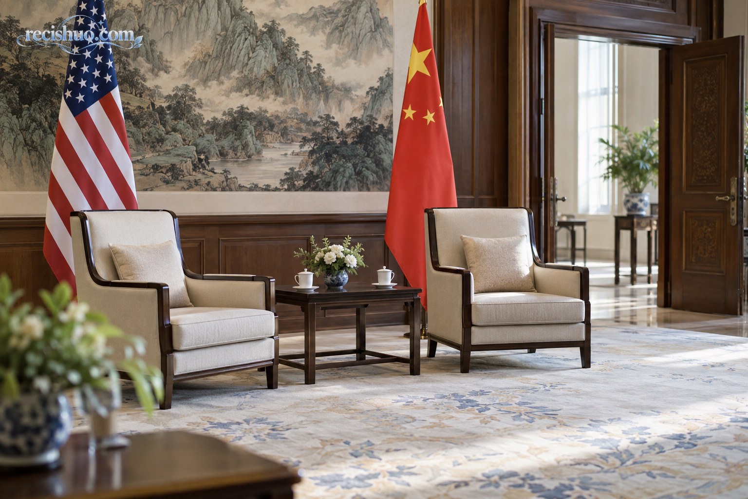 中美两国国旗与会谈座椅组成的外交会晤主题画面