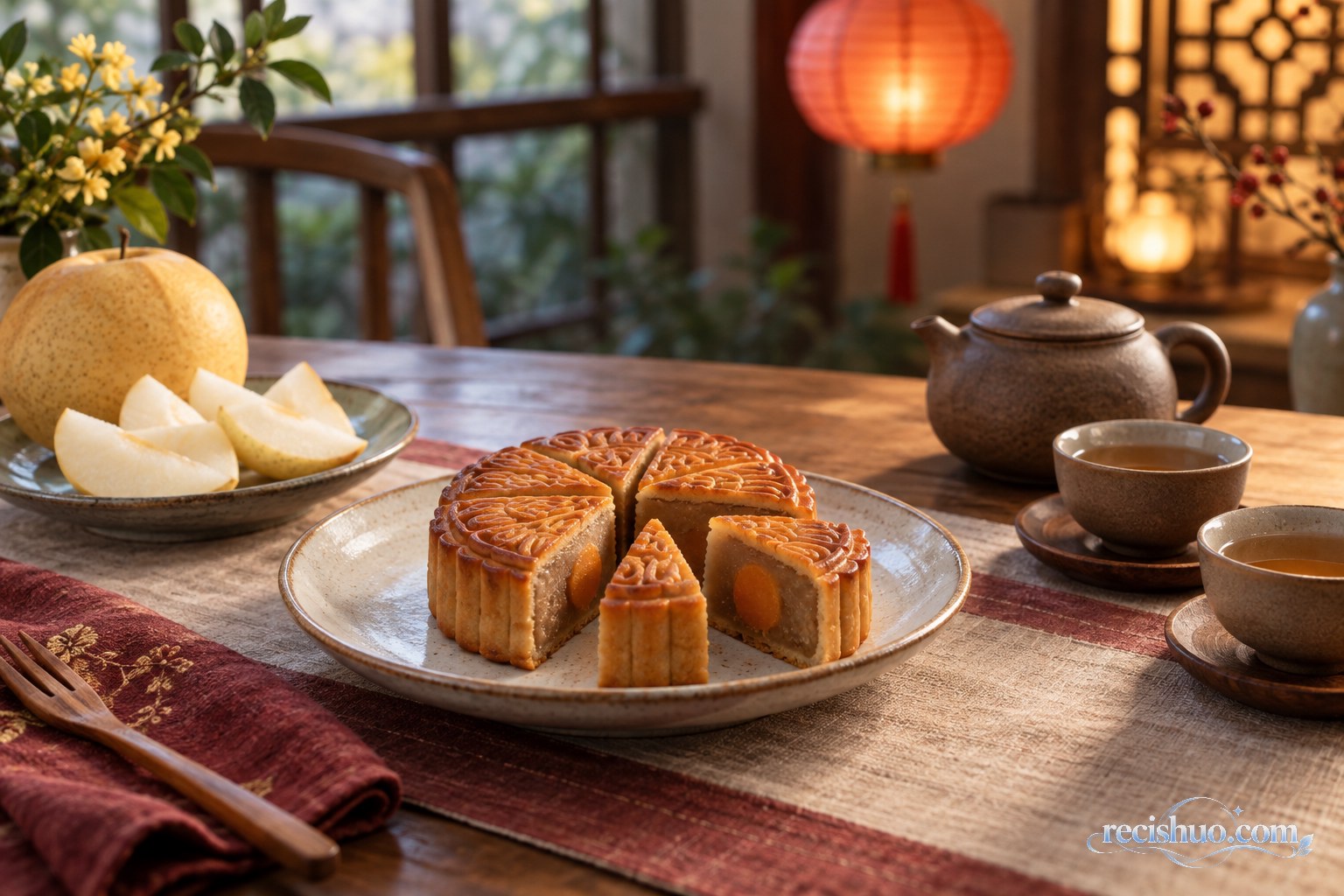 中秋餐桌上切成小块的月饼搭配清茶和梨片