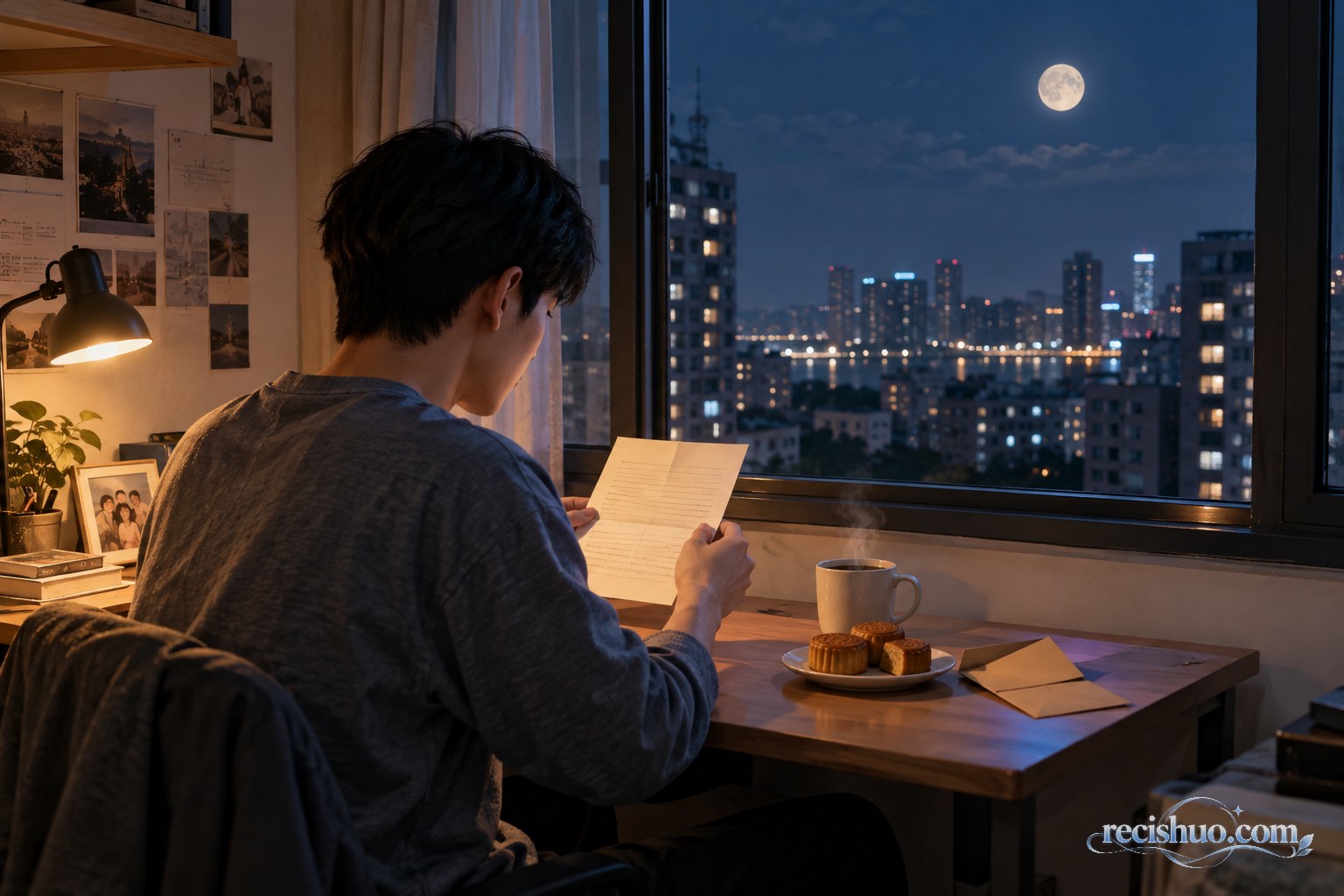 中秋夜在外工作的年轻人在出租屋窗边阅读家书