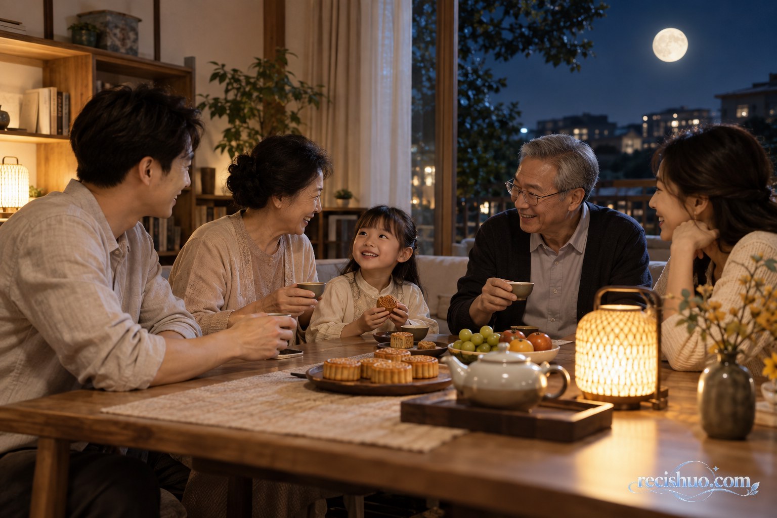 中秋夜一家人围坐木桌品尝月饼和热茶的温馨团聚场景