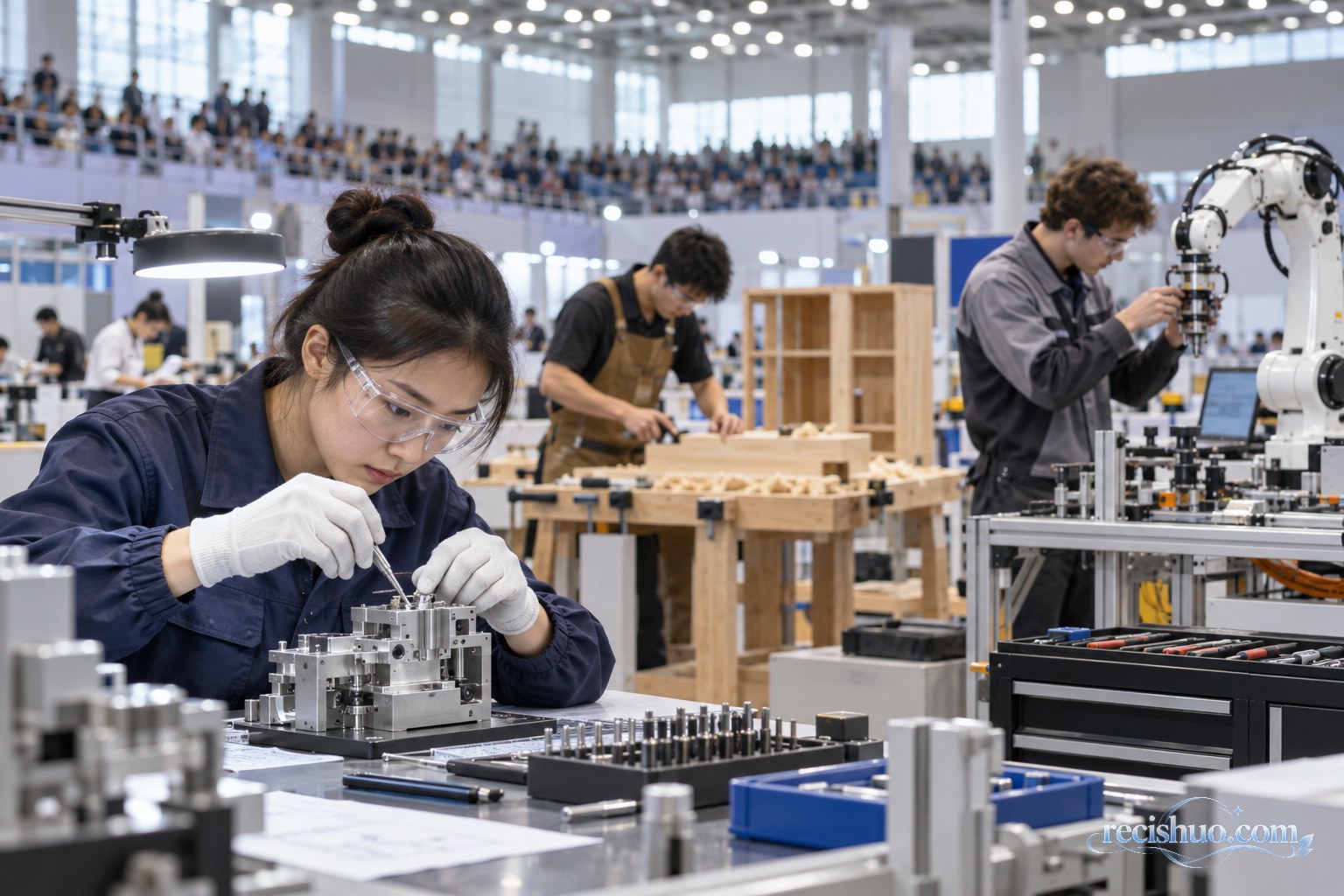 现代技能竞赛场馆内,年轻选手分别进行精密装配、木作和工业机器人调试