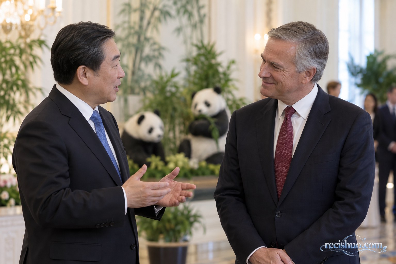 国际欢迎仪式场景中,两位嘉宾在大熊猫意象前微笑交谈的编辑配图
