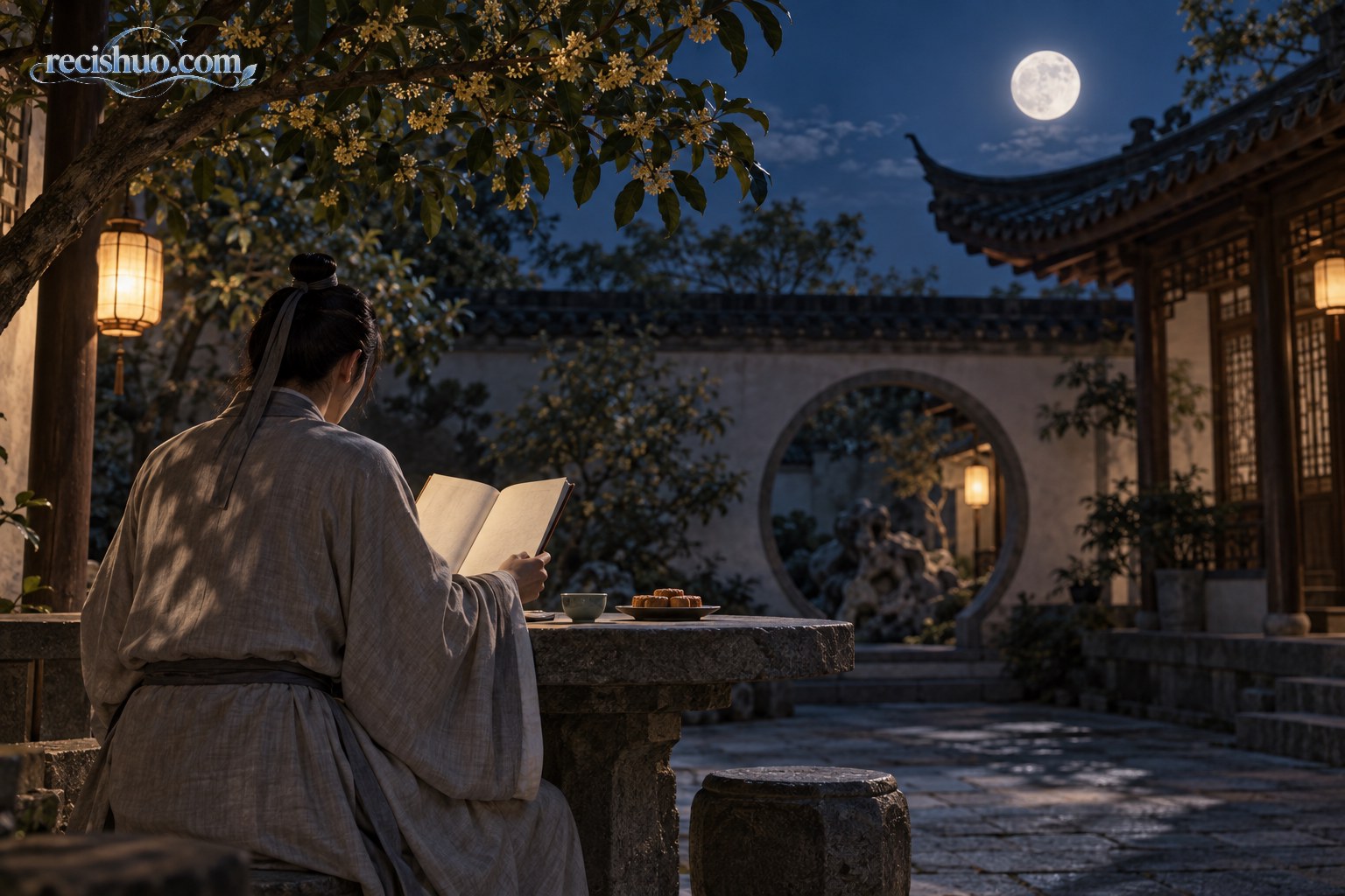 秋夜书案上摊开诗册,桂花与烛光映衬远山江面的明月