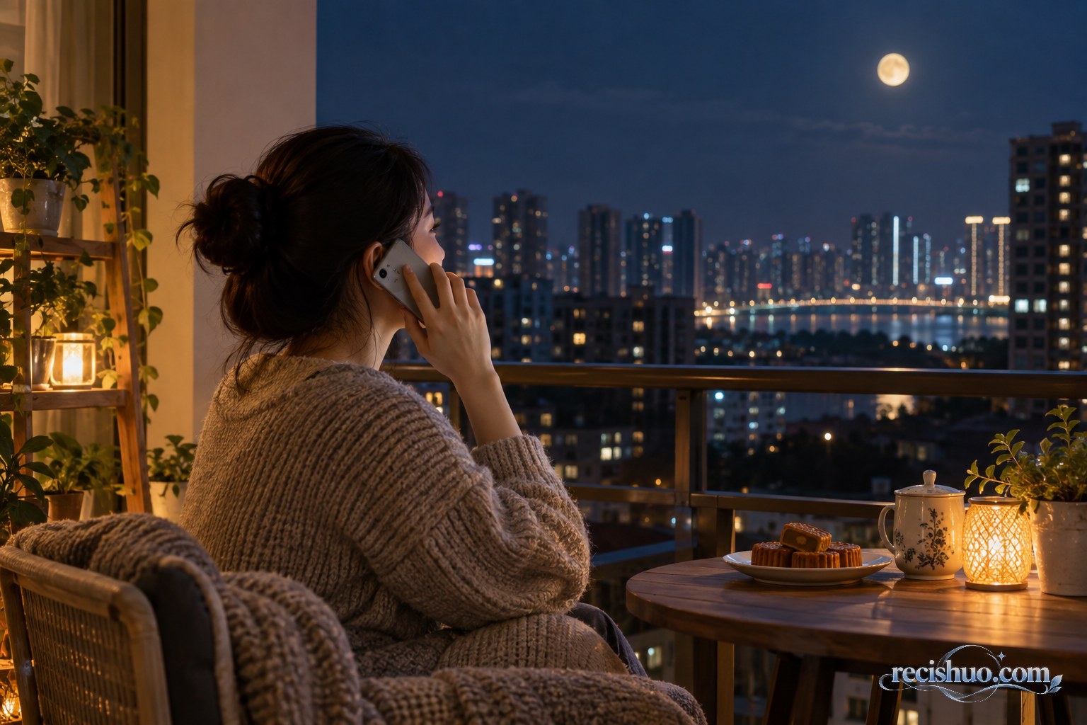 中秋夜年轻人在阳台打电话陪伴远方亲友