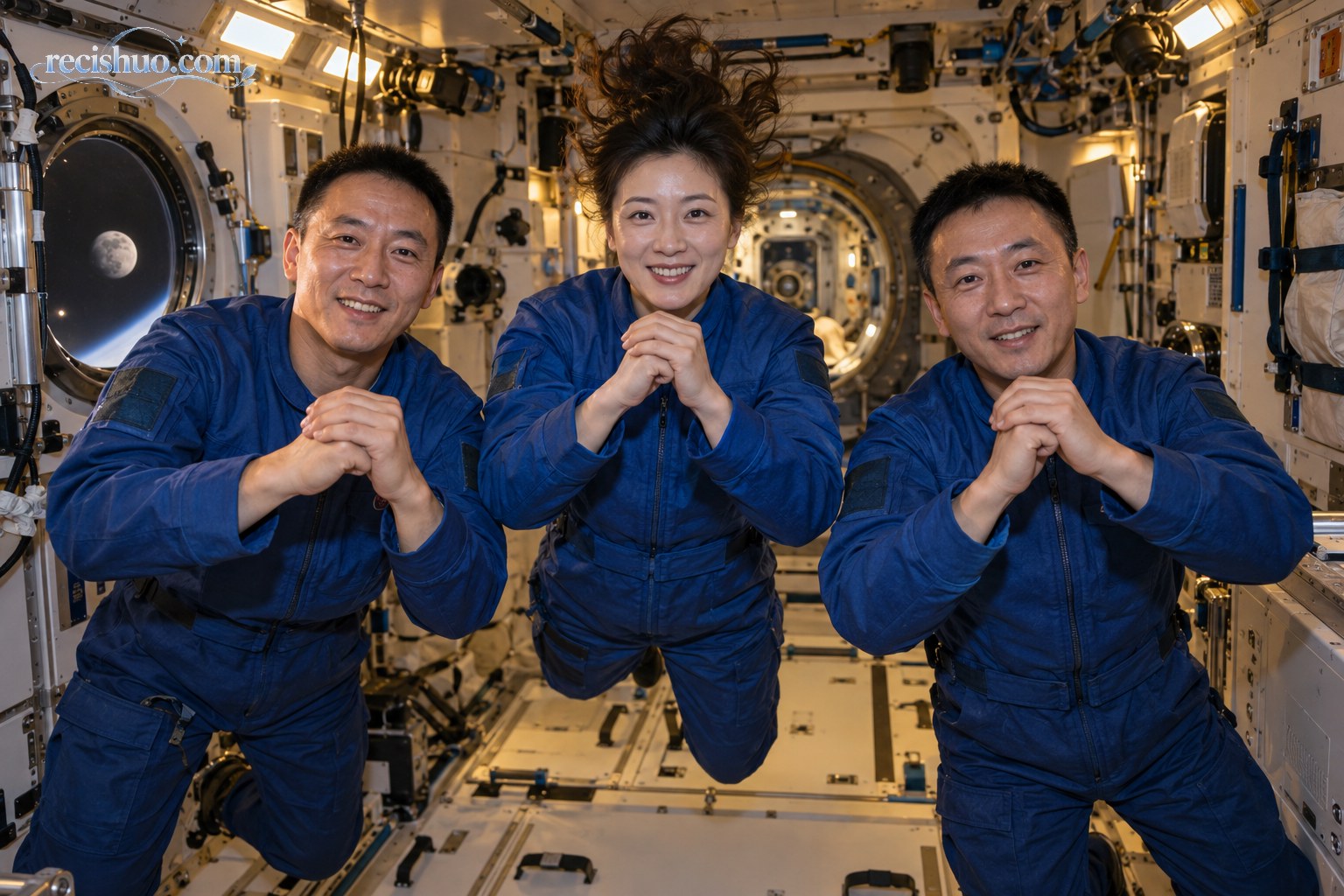 三名航天员在空间站舱内面向镜头送出中秋祝福的新闻主题示意图