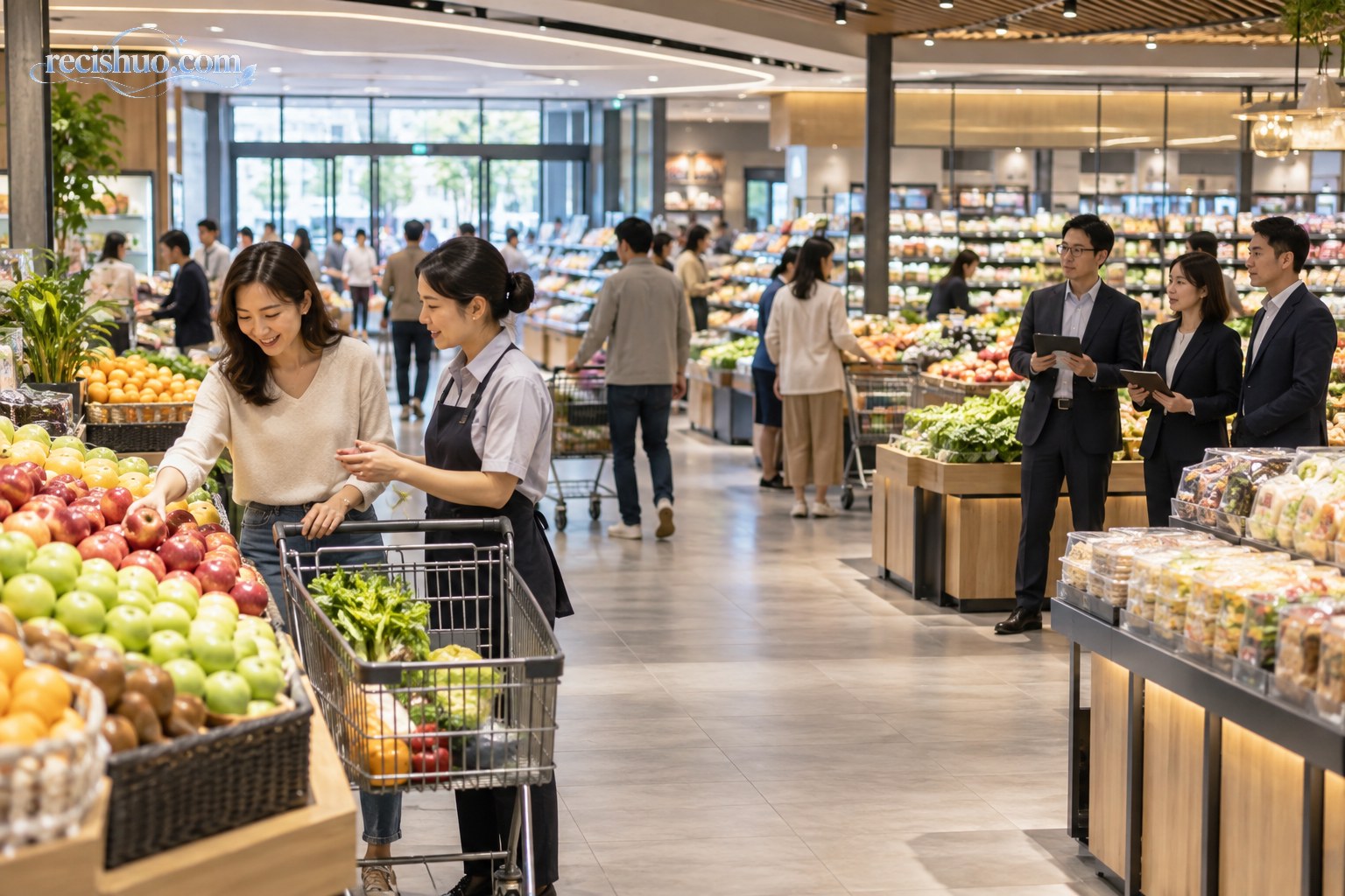 现代超市内员工服务顾客、管理人员观察门店运营的真实场景